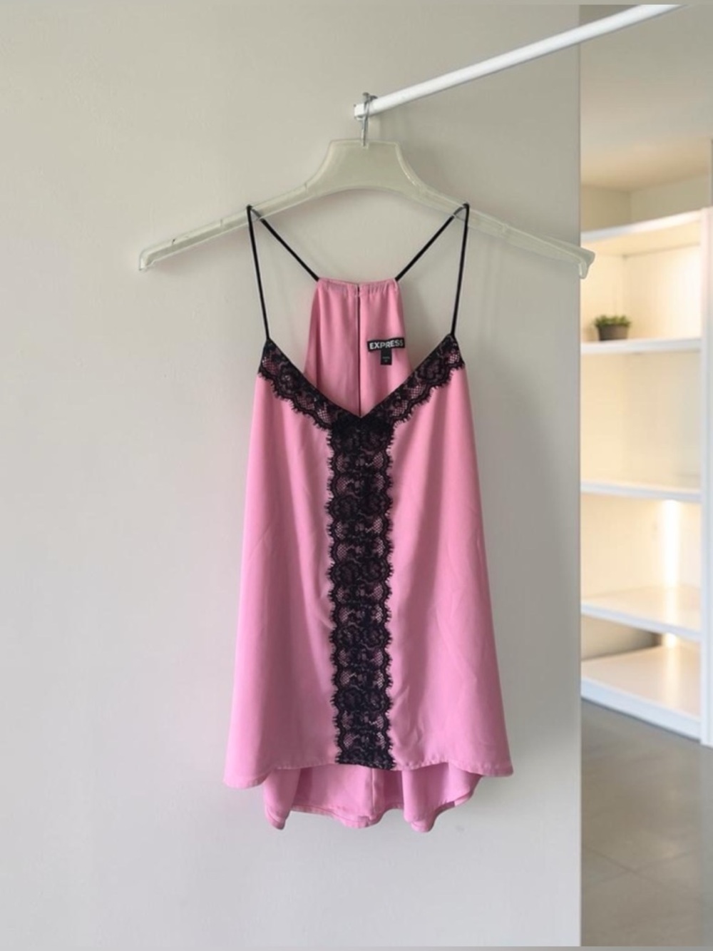 Express Pink Satin Cami Tank Top with Black Lace Trim Size M